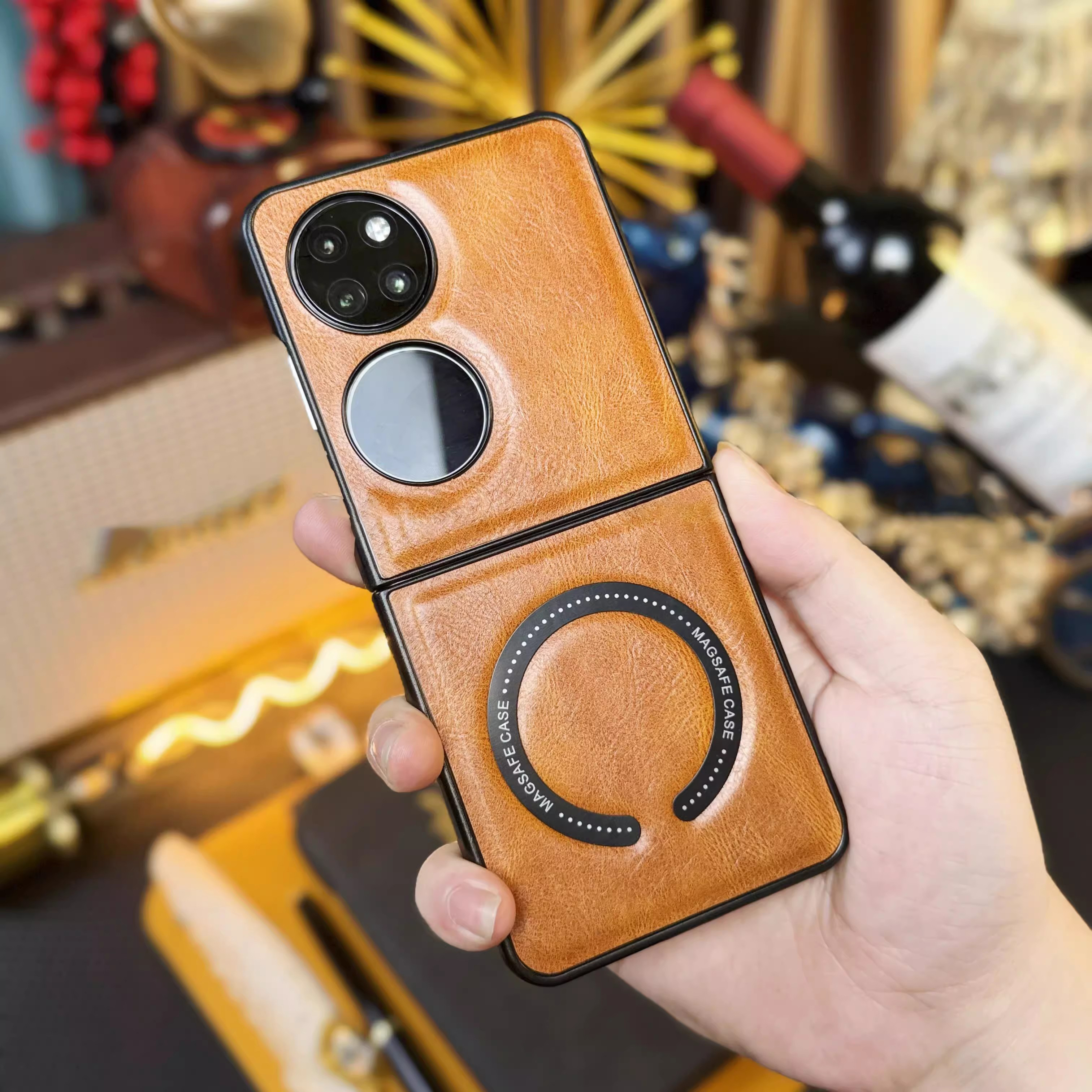 疯马纹磁吸皮革pocket2手机壳