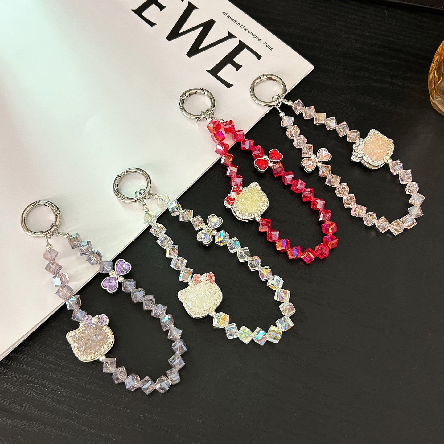 樱声四色蝴蝶结水晶kt手机挂绳高颜值手提链适用苹果华为小米手机壳通用挂饰包包钥匙扣轻奢精致名媛风挂件女