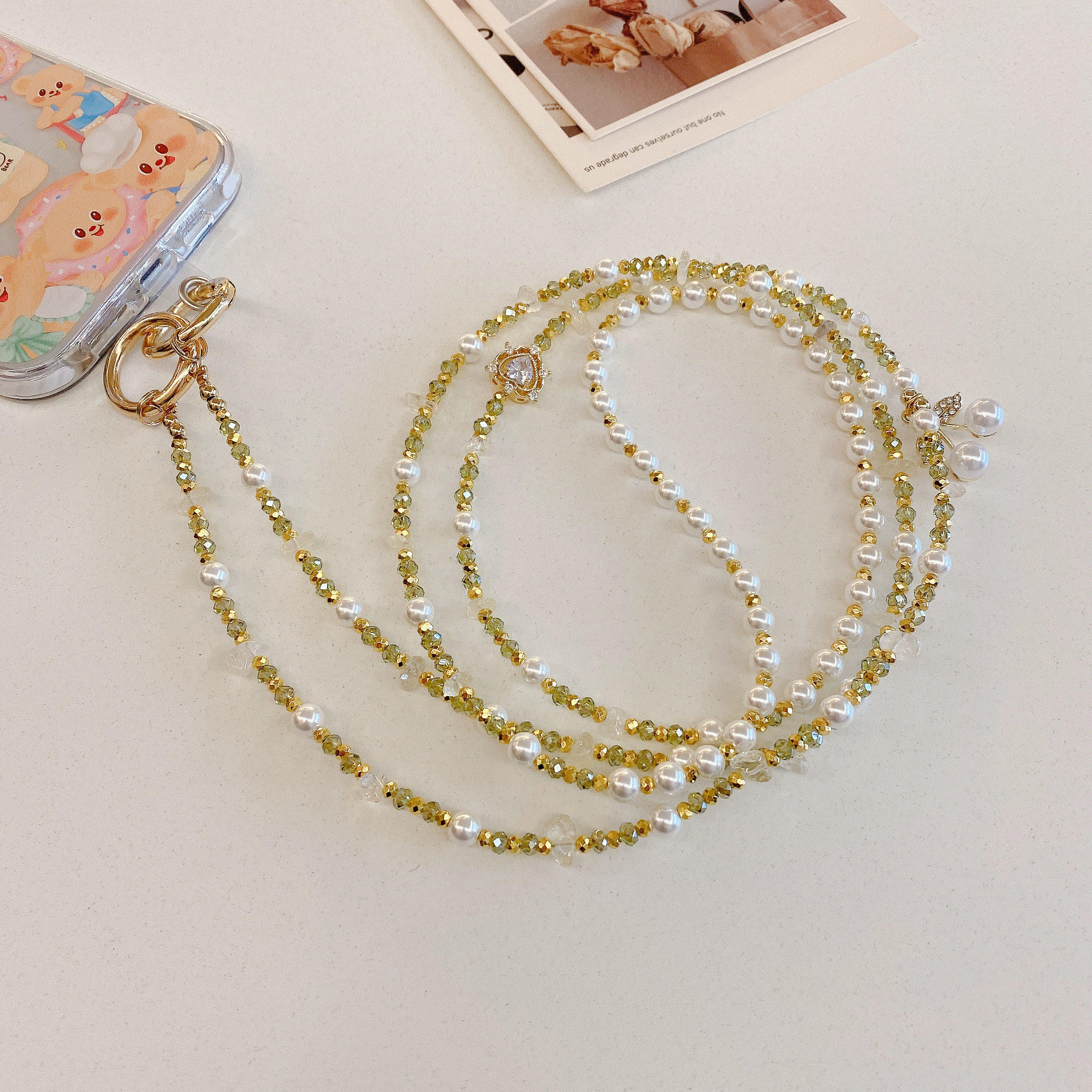 樱声橄榄绿水晶手机挂绳斜挎可背高端网红女孩精致长链珍珠樱桃高级感小清新手机挂链结实耐用合金挂饰送夹片