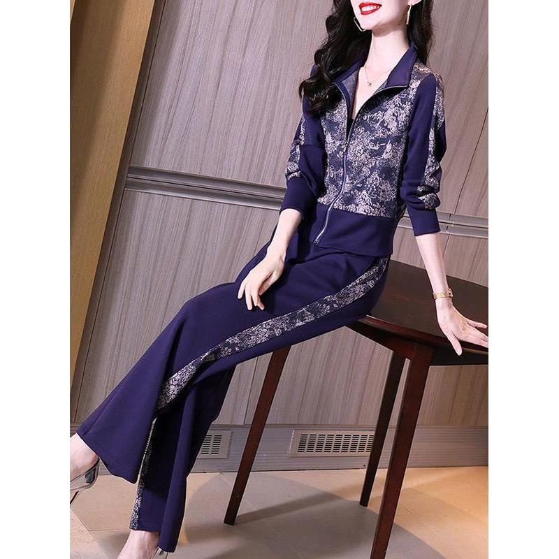 ROUMIKL秋季格雷系穿搭灰色蕾丝刺绣覆古拉炼运动服外套阔腿裤两