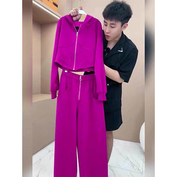 ROUMIKL春秋2025新款多巴胺穿搭玫红色拉炼运动开衫阔腿休闲裤两