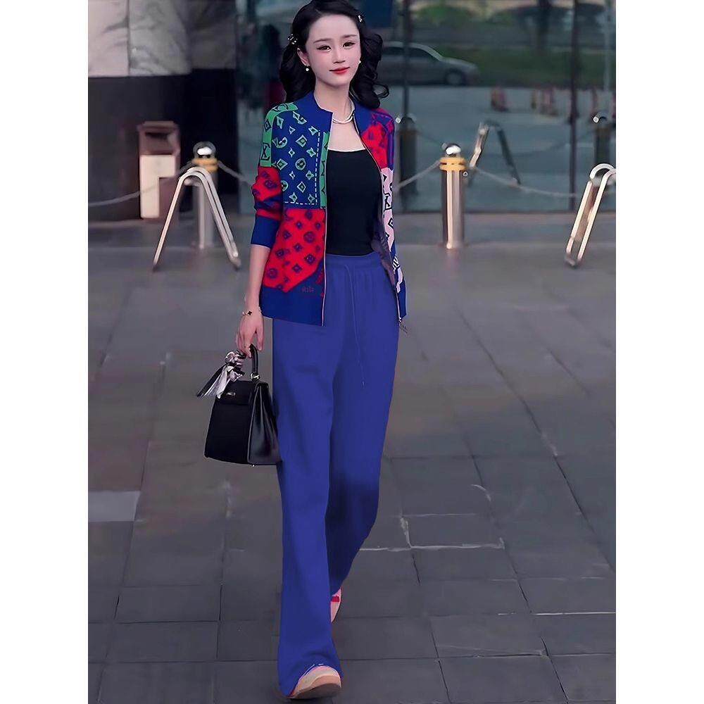 ROUMIKL欧货蓝色休闲运动套装女高级感印花针织开衫长裤秋装成套