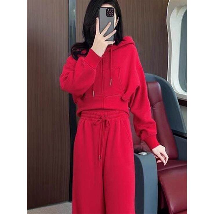 ROUMIKL红色短款连帽卫衣套装女2025秋冬新款休闲运动减龄时尚洋