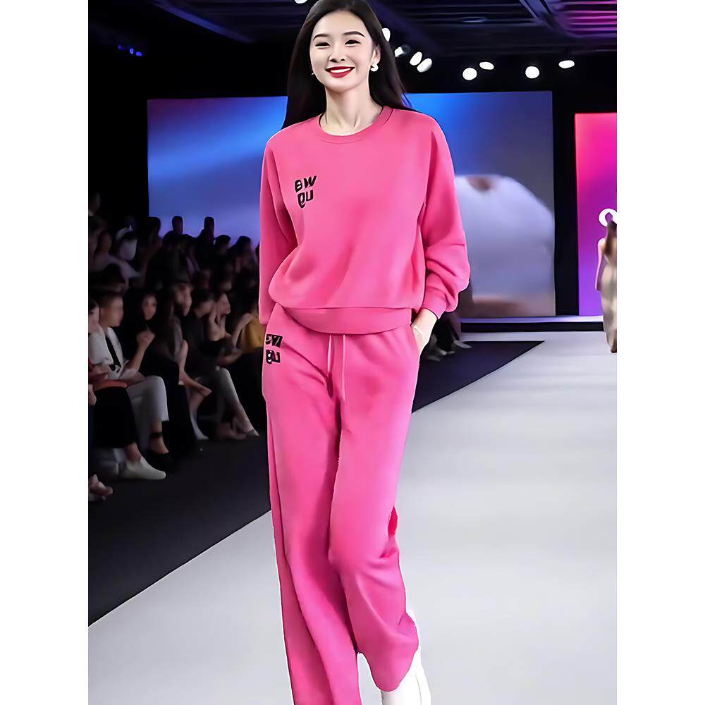 ROUMIKL玫粉色休闲运动套装2025女秋季新款圆领宽松舒适纯色穿搭