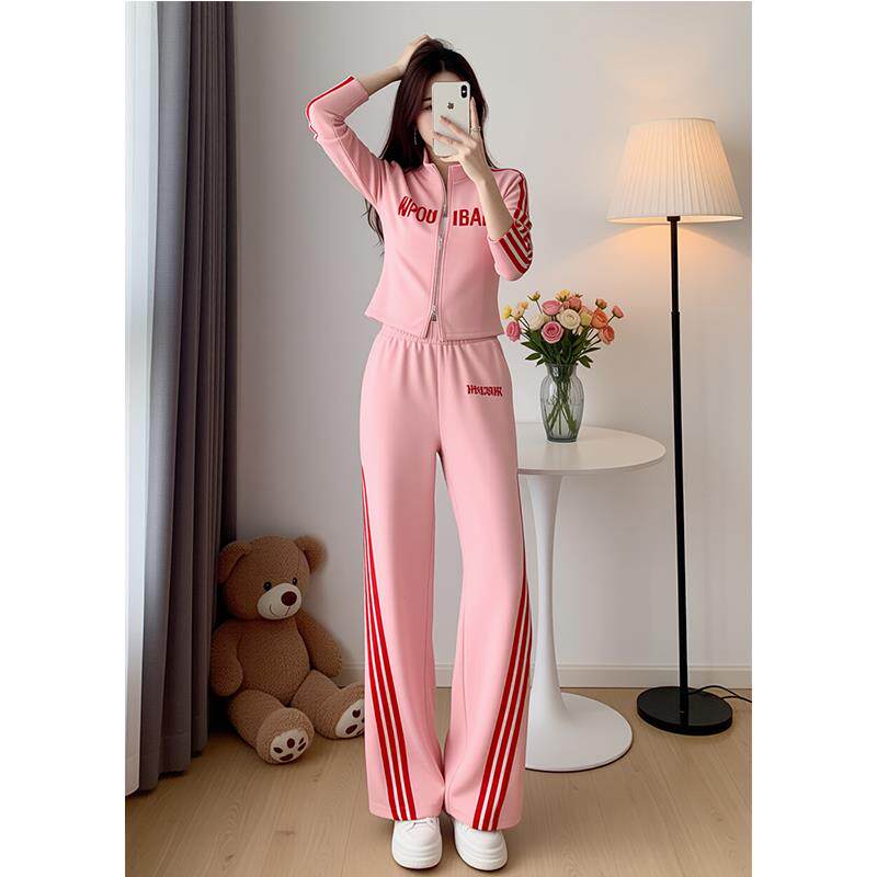 ROUMIKL时尚运动风卫衣套装女春秋显瘦减龄粉色条纹阔腿裤松弛感