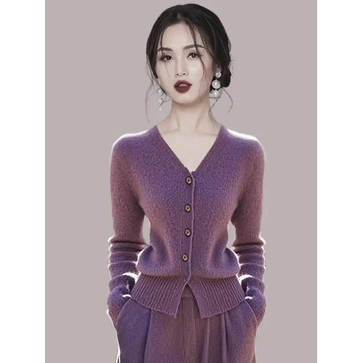 ROUMIKL一整套深冬穿搭高级感气质小香风紫色针织毛衣裤子套装女2