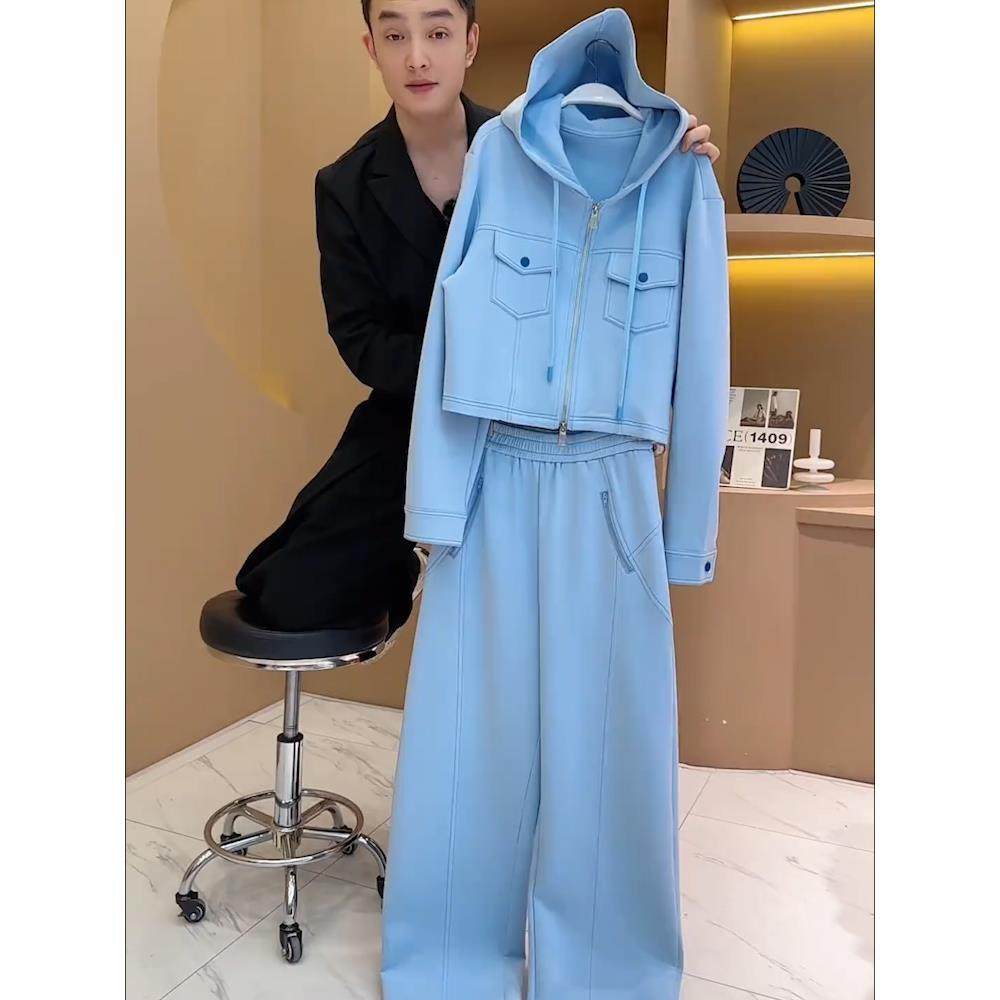 ROUMIKL蓝色时尚减龄运动风套装女2025春秋冬小个子卫衣阔腿裤休