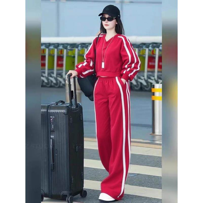 ROUMIKL2025春秋新款红色运动套装女韩版宽松卫衣阔腿裤休闲两件