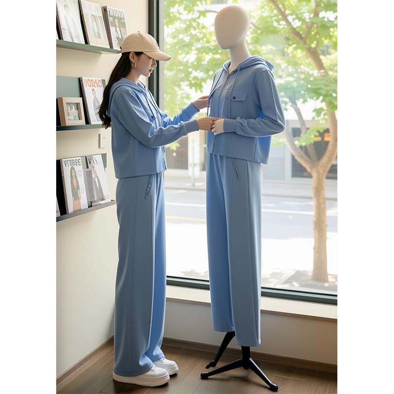 ROUMIKL休闲运动套装女2025春秋新款蓝色连帽卫衣阔腿裤洋气减龄