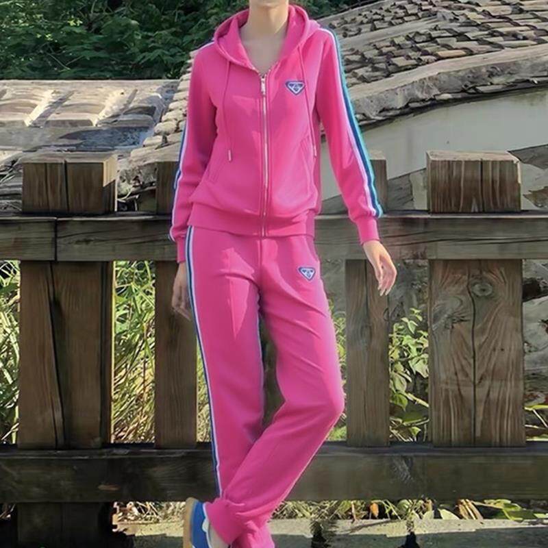 ROUMIKL多巴胺风玫粉色连帽拉链卫衣束脚裤女2025新款轻奢高级感