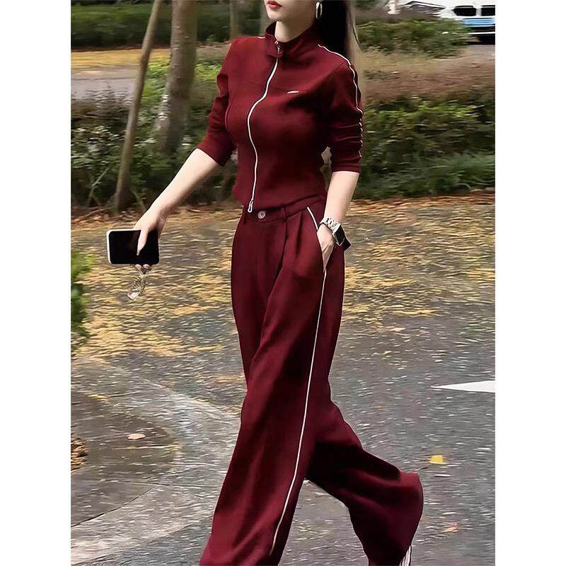 ROUMIKL安可拉红搭配休闲跑步服两件套春款女运动风拉链外套直筒