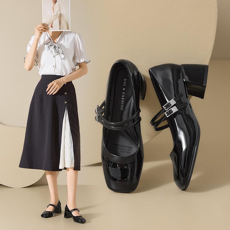 香香莉粗跟玛丽珍单鞋女秋2025年新款覆古一字扣高跟小皮鞋030660