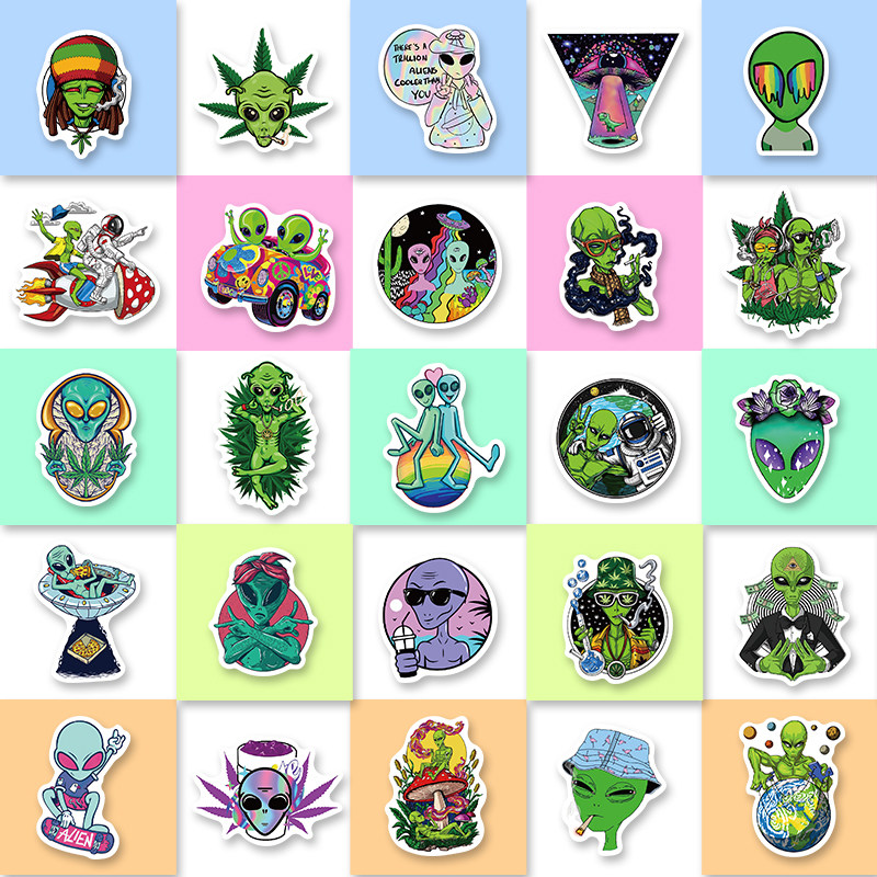 50张迷幻外星人电脑手机笔记本水杯行李箱头盔个性创意防水贴纸