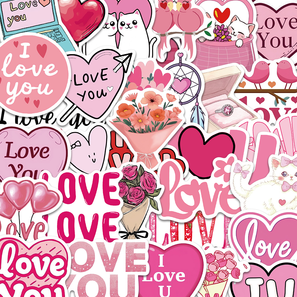 50张卡通可爱粉色情人节涂鸦贴纸趣味英文手机壳音响装饰防水贴画