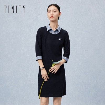 FINITY菲妮迪假两件连衣裙春季新款衬衫领学院风时尚减龄小a裙女