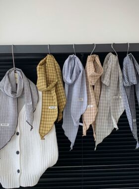 日系小众设计感领巾细格子装饰丝巾小领带围巾女春时尚百搭森林系