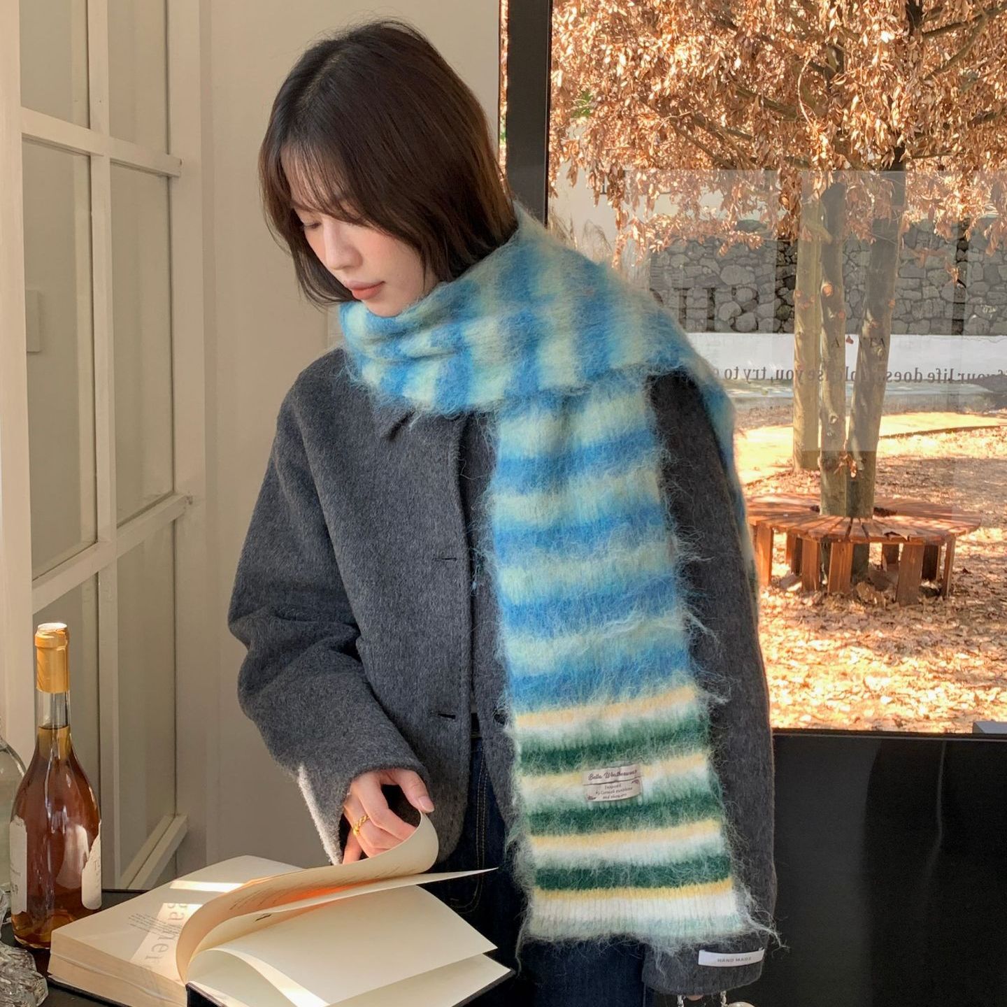 2025年新款韩国秋冬条纹拼接保暖围巾女针织加厚防寒渐变百搭围脖