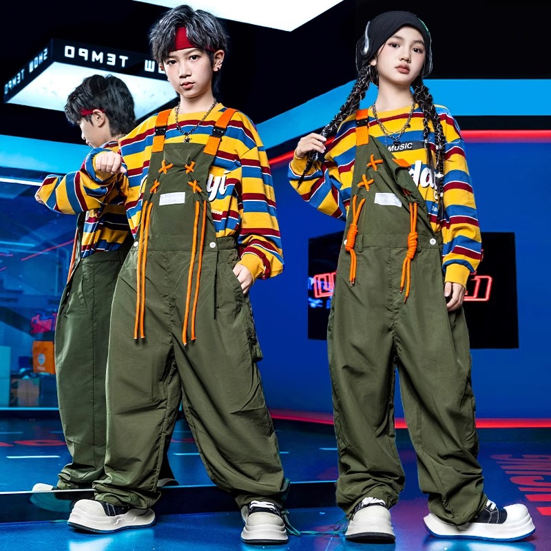儿童街舞套装少儿锁舞locking机械街舞演出男女个性走秀背带裤潮