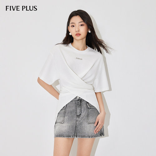FIVE PLUST恤女短袖上衣套头衫收腰设计感字母纯棉新款女夏装