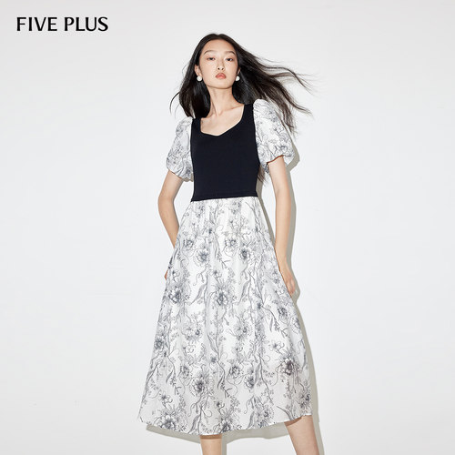FIVE PLUS连衣裙女泡泡袖中长裙拼接印花方领天丝2024新款女夏装
