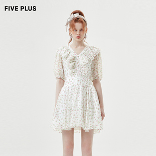 奧萊 PLUS 連衣裙女清新碎花高腰荷葉邊泡泡袖 FIVE 裙子女夏裝