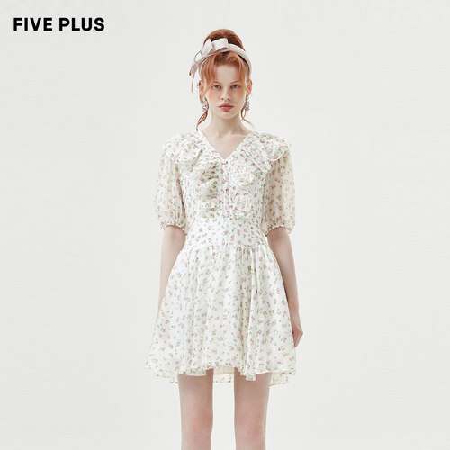 【FIVE PLUS 奥莱】连衣裙女清新碎花高腰荷叶边泡泡袖裙子女夏装