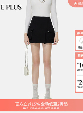 FIVE PLUS半身裙女短裙高腰A字百褶工装学院风黑色女冬装