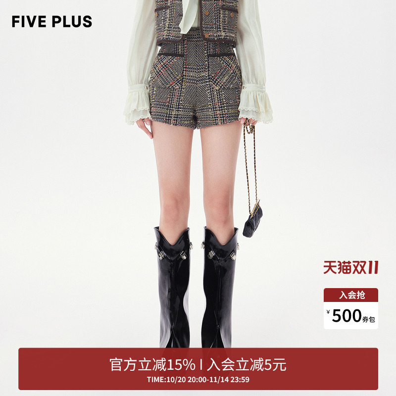 FIVE PLUS短裤女小香风粗花呢阔腿高腰A字休闲裤子女春装