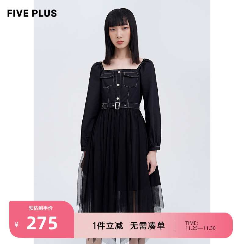 FIVE PLUS秋季新款法式连衣裙女网纱拼接设计感裙子高腰长袖