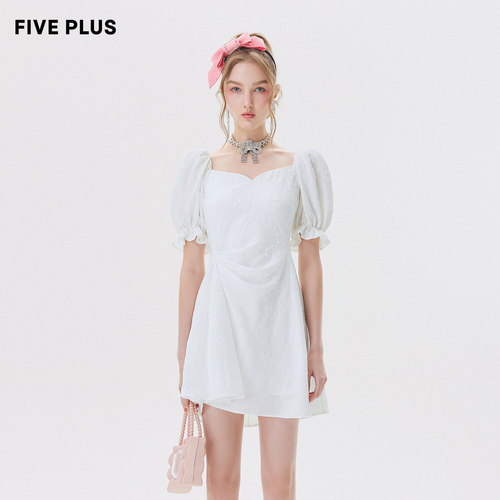 【FIVE PLUS 奥莱】连衣裙女法式泡泡袖高腰方领裙子拼蕾丝女夏装