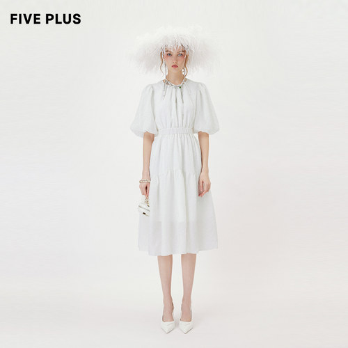【FIVE PLUS 奥莱】连衣裙女小心机露腰泡泡袖提花中长裙子女夏装