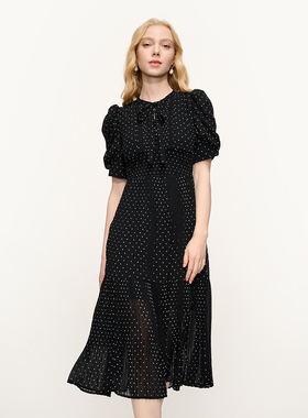 FIVE PLUS复古波点收腰连衣裙女飘带泡泡袖中长裙2026新款女春装