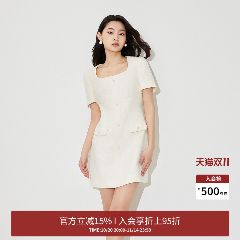 FIVE PLUS连衣裙女小香风方领裙子短款单排扣法式新款女夏装