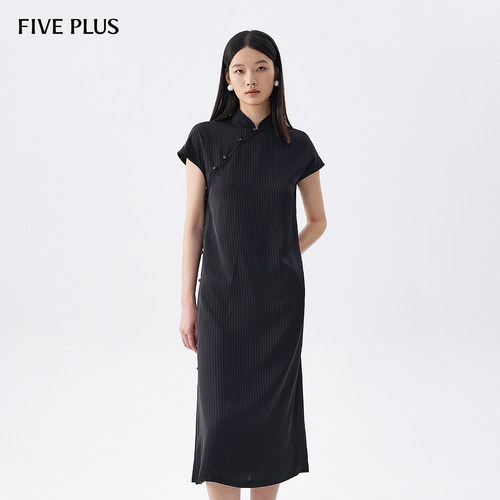 FIVE PLUS连衣裙女新中式改良旗袍裙立领条纹复古女夏装