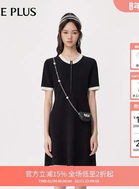 FIVE PLUS连衣裙女法式撞色复古圆领针织小黑裙子女秋装