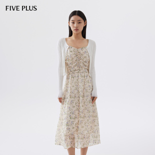 FIVEPLUS连衣裙吊带碎花高腰中长裙波嬉风印花气质女装