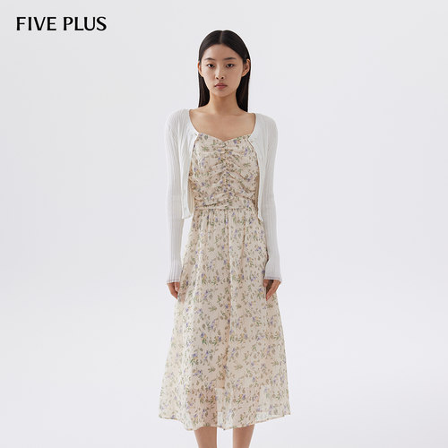 FIVEPLUS连衣裙吊带碎花高腰中长裙波嬉风印花气质女装