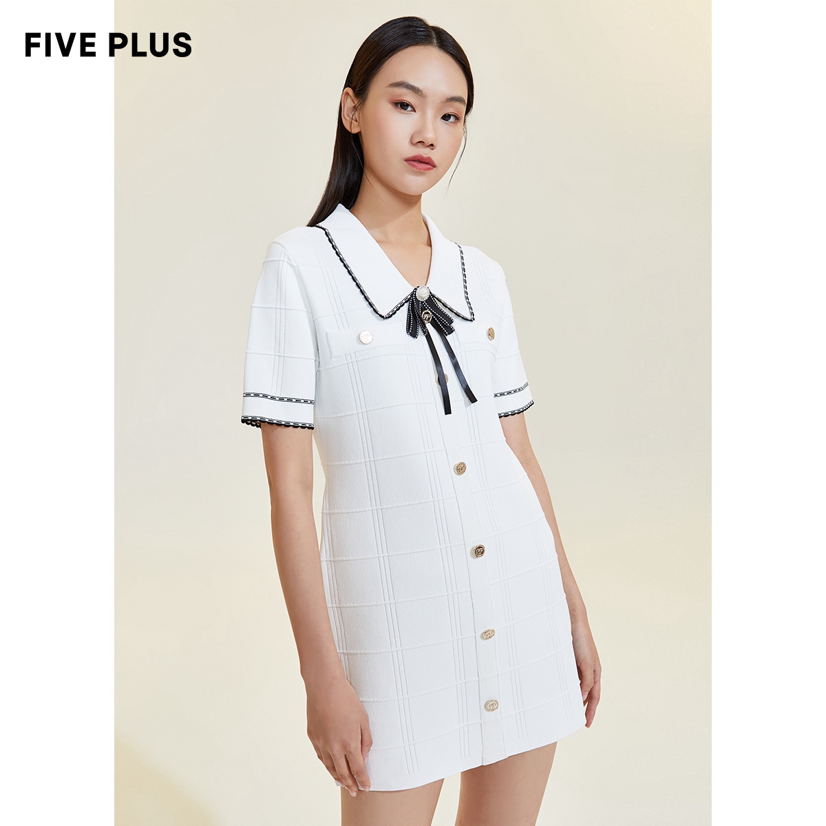 FivePlus毛织连衣裙女高腰撞色