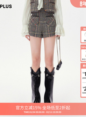FIVE PLUS短裤女小香风粗花呢阔腿高腰A字休闲裤子女春装