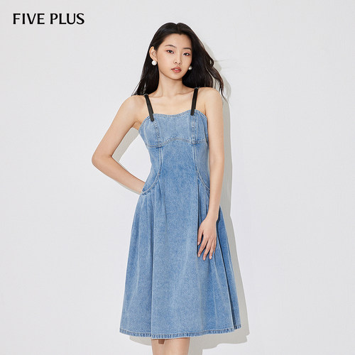 FIVE PLUS牛仔连衣裙女高腰吊带裙子修身复古洗水新款女夏装