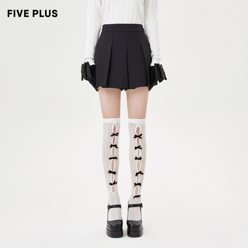 FIVE PLUS 奥莱 休闲裤女设计感高腰阔腿黑色短裤A字裙裤女春装