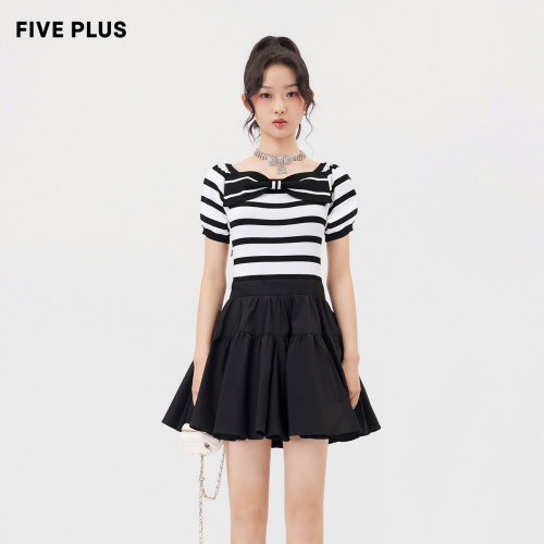 【FIVE PLUS 奥莱】连衣裙女条纹蝴蝶结收腰拼接毛织短裙子女夏装