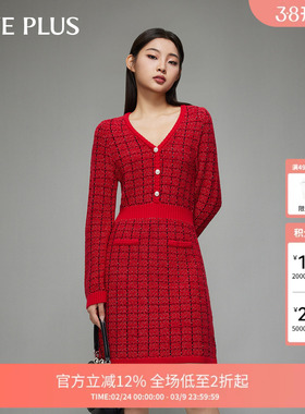 FIVE PLUS小香风针织连衣裙女裙子修身V领法式千金女冬装