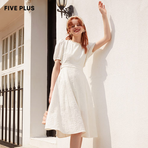 【FIVE PLUS 奥莱】连衣裙女复古泡泡袖高腰露背中长裙提花女夏装