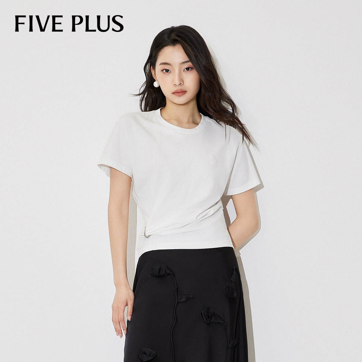 FIVE PLUST恤女上衣褶皱收腰圆领短袖不对称设计感女夏季