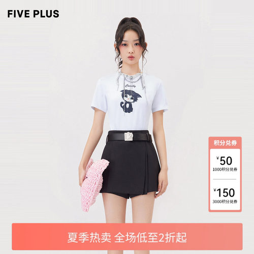 FIVE PLUST恤女猫咪图案短袖不规则字母棉质上衣潮女夏装