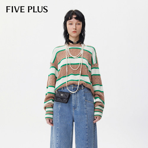 【FIVE PLUS 奥莱】针织衫女100%绵羊毛条纹上衣宽松慵懒风女春夏