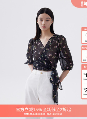 FIVE PLUS碎花衬衫女上衣蝴蝶绑带衬衣中袖设计感女夏装