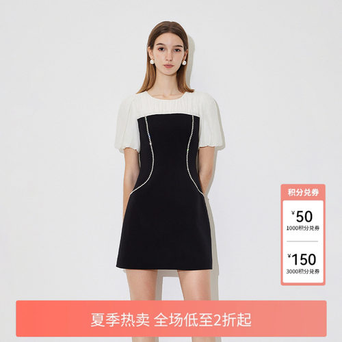 FIVE PLUS连衣裙女裙子法式拼接撞色泡泡袖小黑裙新款女夏装