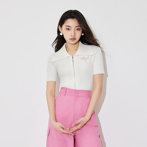 FIVEPLUS修身刺绣拉链针织衫女